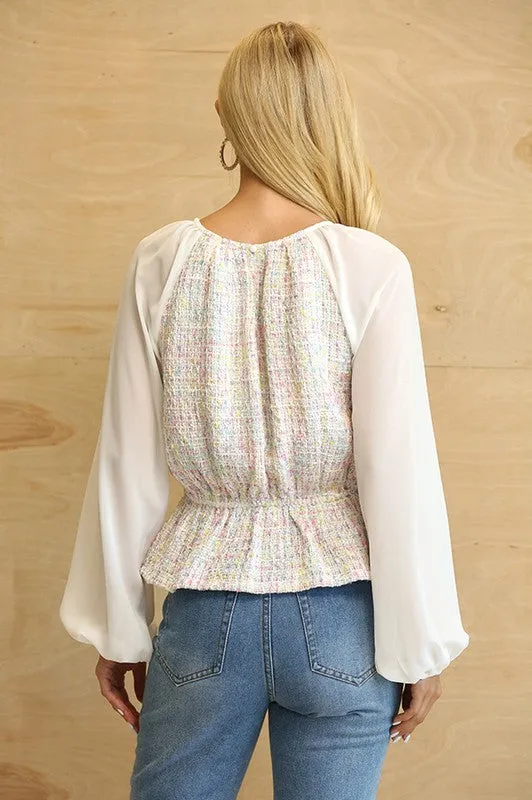 Off White Tweed and Chiffon Mixed Peplum Top