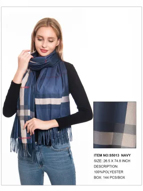 Plaid Print Fringe Trim Scarf-Navy