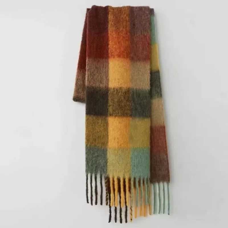 Plaid Tassel Scarf Women's Autumn And Winter Rainbow  Brand Color-matching Imitation Cashmere Mahair Shawl Thickened Scarf