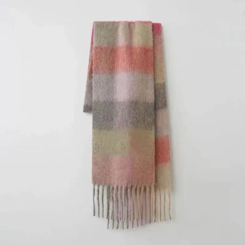 Plaid Tassel Scarf Women's Autumn And Winter Rainbow  Brand Color-matching Imitation Cashmere Mahair Shawl Thickened Scarf