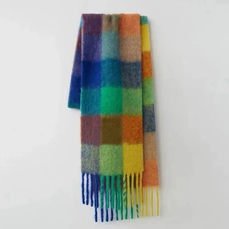 Plaid Tassel Scarf Women's Autumn And Winter Rainbow  Brand Color-matching Imitation Cashmere Mahair Shawl Thickened Scarf