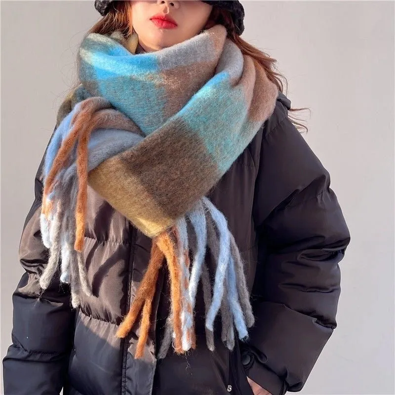 Plaid Tassel Scarf Women's Autumn And Winter Rainbow  Brand Color-matching Imitation Cashmere Mahair Shawl Thickened Scarf