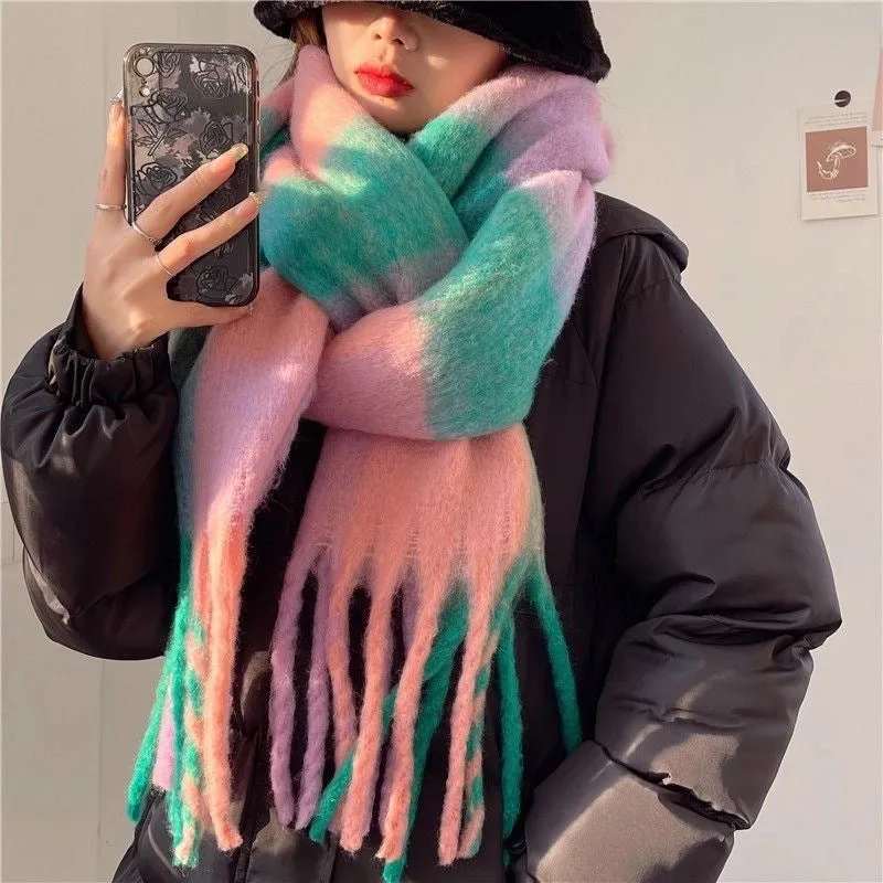 Plaid Tassel Scarf Women's Autumn And Winter Rainbow  Brand Color-matching Imitation Cashmere Mahair Shawl Thickened Scarf