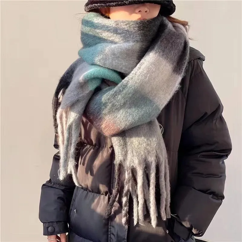 Plaid Tassel Scarf Women's Autumn And Winter Rainbow  Brand Color-matching Imitation Cashmere Mahair Shawl Thickened Scarf