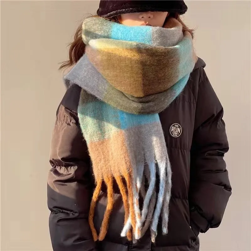 Plaid Tassel Scarf Women's Autumn And Winter Rainbow  Brand Color-matching Imitation Cashmere Mahair Shawl Thickened Scarf