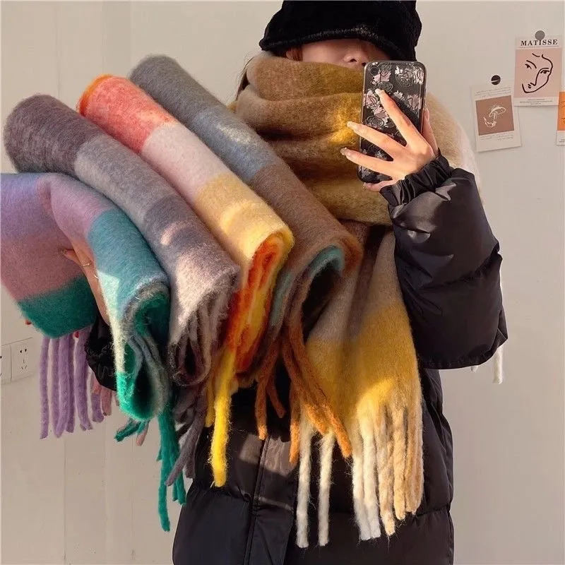 Plaid Tassel Scarf Women's Autumn And Winter Rainbow  Brand Color-matching Imitation Cashmere Mahair Shawl Thickened Scarf