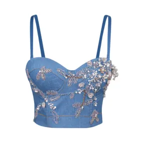 Pre Order:  Floral Denim Beaded Corset Top