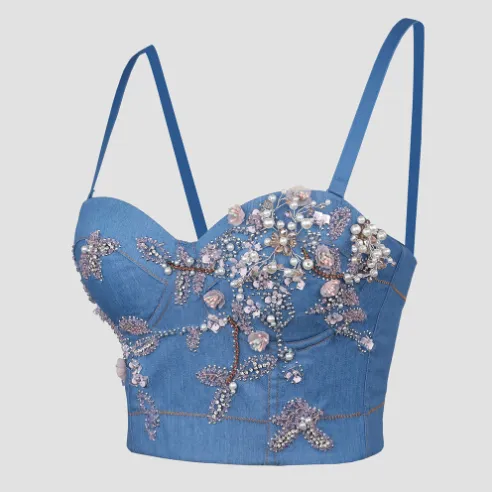 Pre Order:  Floral Denim Beaded Corset Top