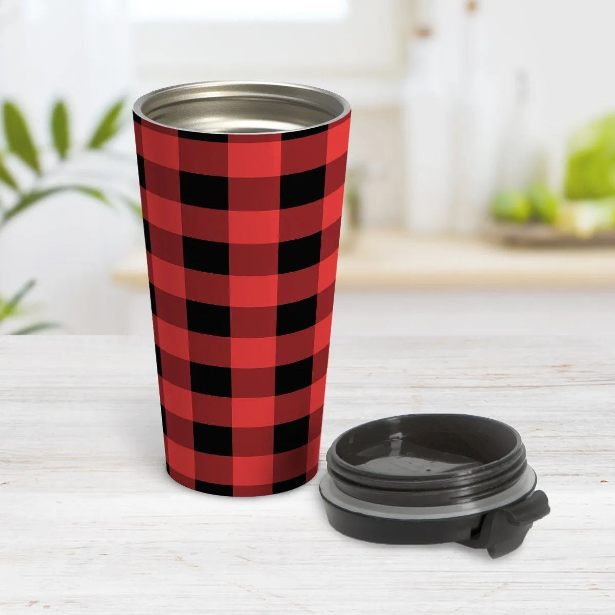 Red and Black Buffalo Plaid Travel Mug