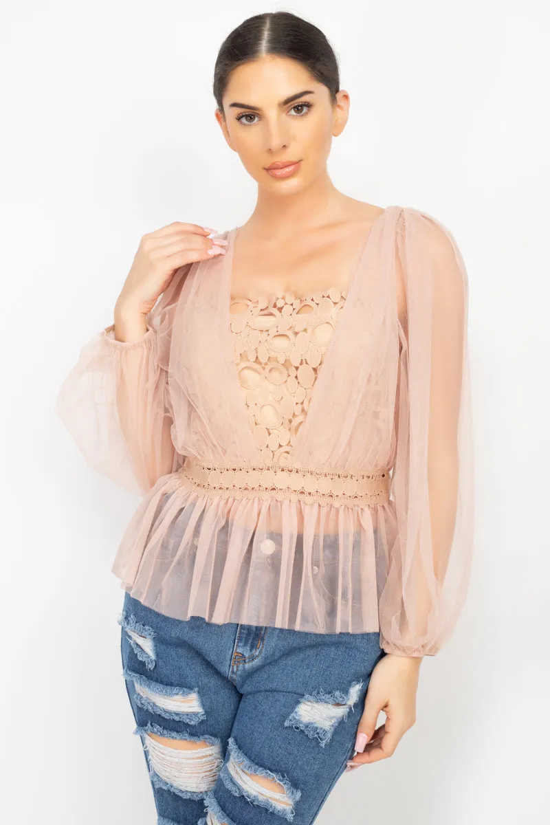 Sheer Mesh Crochet Peplum Top