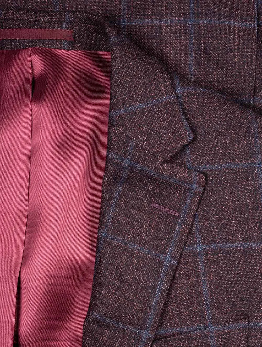 Silk Cashmere Box Check Burgundy Jacket Wine