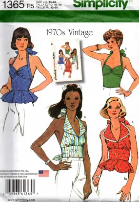 Simplicity 1365 Womens 1970s Halter Peplum Midriff Summer Tops Out Of Print Sewing Pattern Size 14 - 22 UNCUT Factory Folded