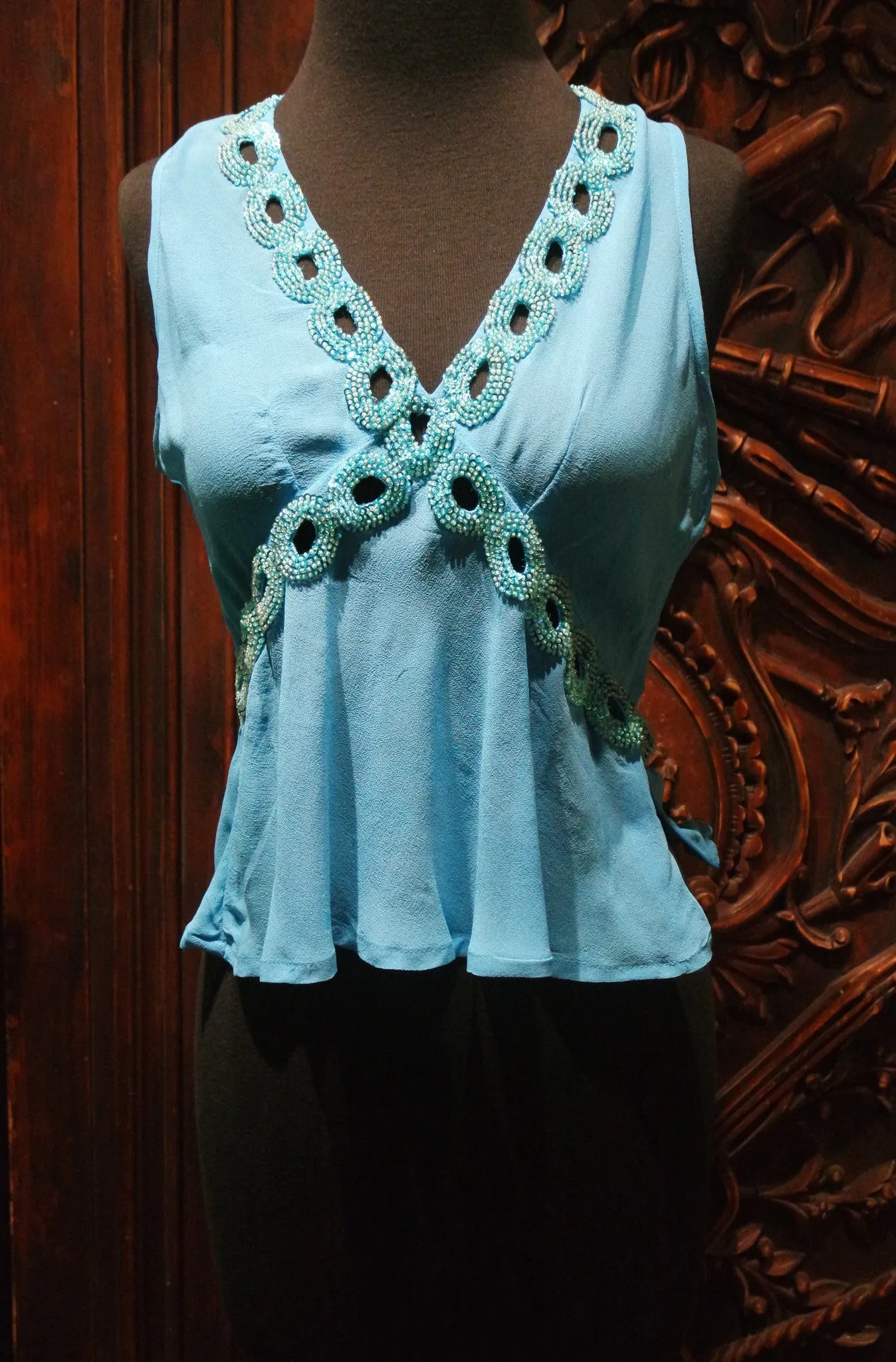 Tanja Pignatelli Turquoise Camisole Shirt with Green Beaded Neckline