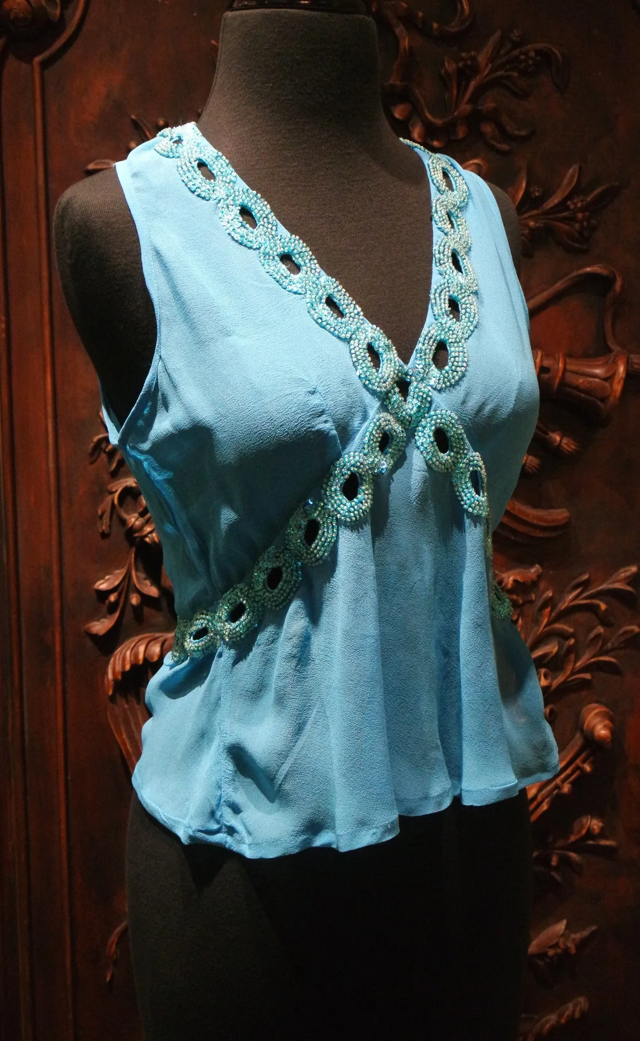 Tanja Pignatelli Turquoise Camisole Shirt with Green Beaded Neckline