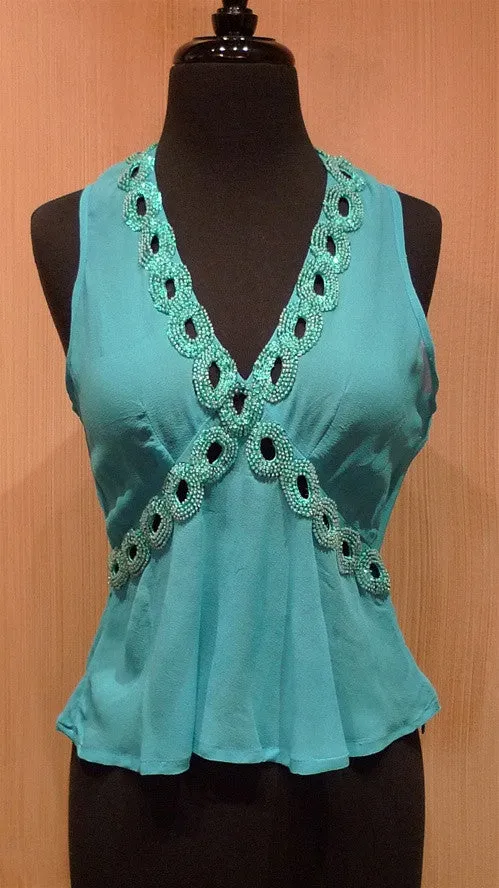 Tanja Pignatelli Turquoise Camisole Shirt with Green Beaded Neckline