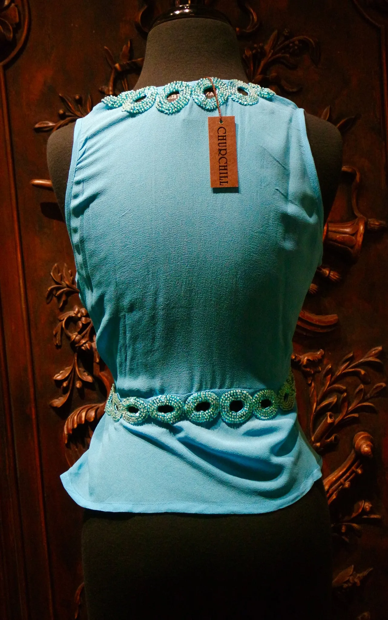 Tanja Pignatelli Turquoise Camisole Shirt with Green Beaded Neckline