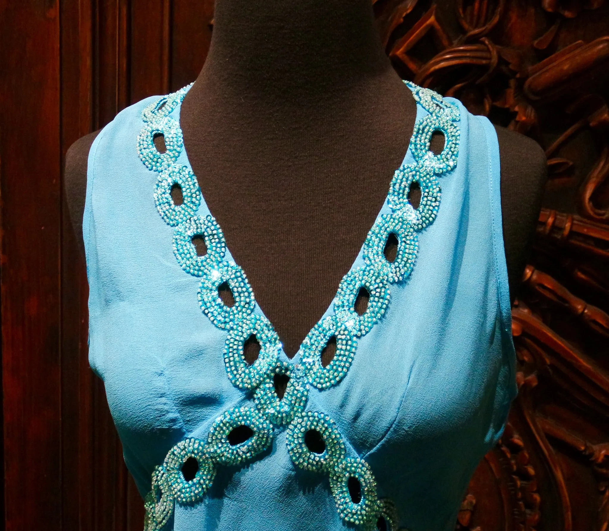 Tanja Pignatelli Turquoise Camisole Shirt with Green Beaded Neckline