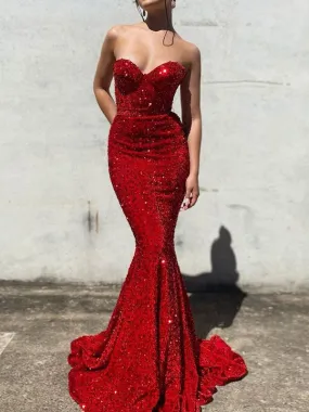 Trumpet/Mermaid Velvet Sequins Sweetheart Sleeveless Court Train Dresses