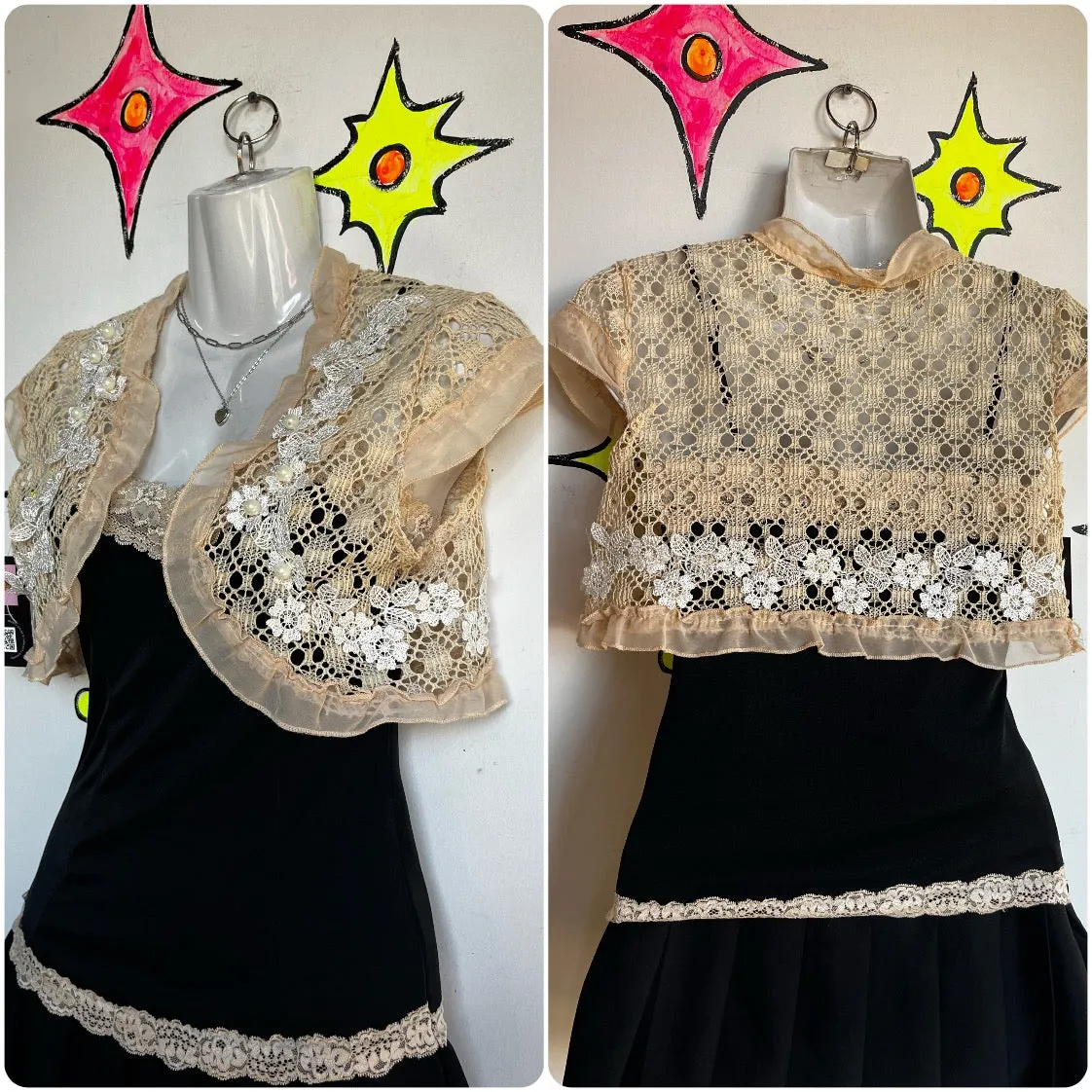 Vintage | Lace Crochet Beaded Embellished Fairy Grunge Babydoll Shrug Bolero | S