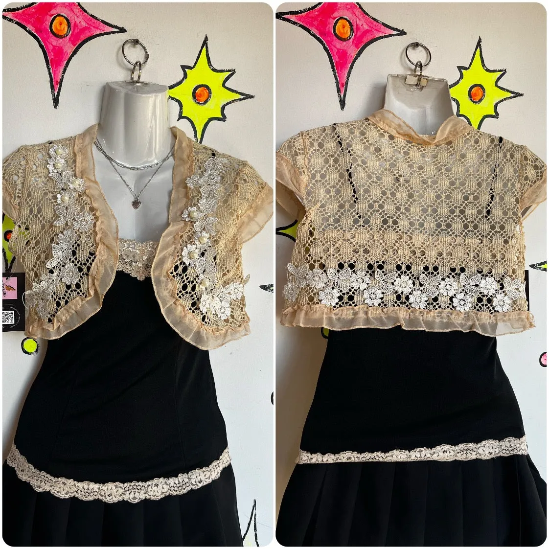 Vintage | Lace Crochet Beaded Embellished Fairy Grunge Babydoll Shrug Bolero | S