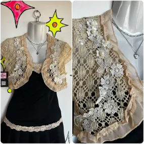 Vintage | Lace Crochet Beaded Embellished Fairy Grunge Babydoll Shrug Bolero | S