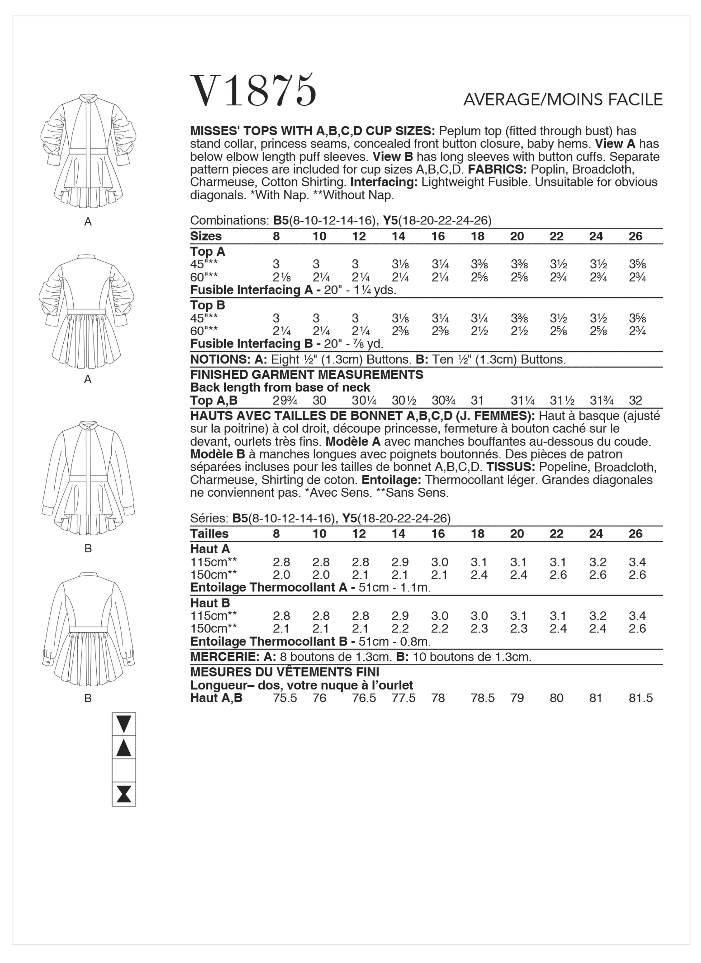 Vogue Sewing Pattern 1875 Misses' Tops