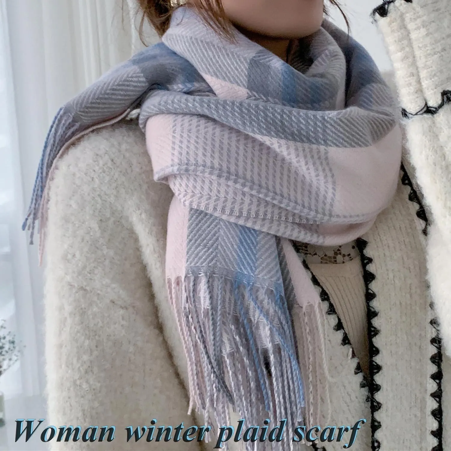 Women's Long Plaid Blanket Chunky Oversized Winter Fall Warm Scarf