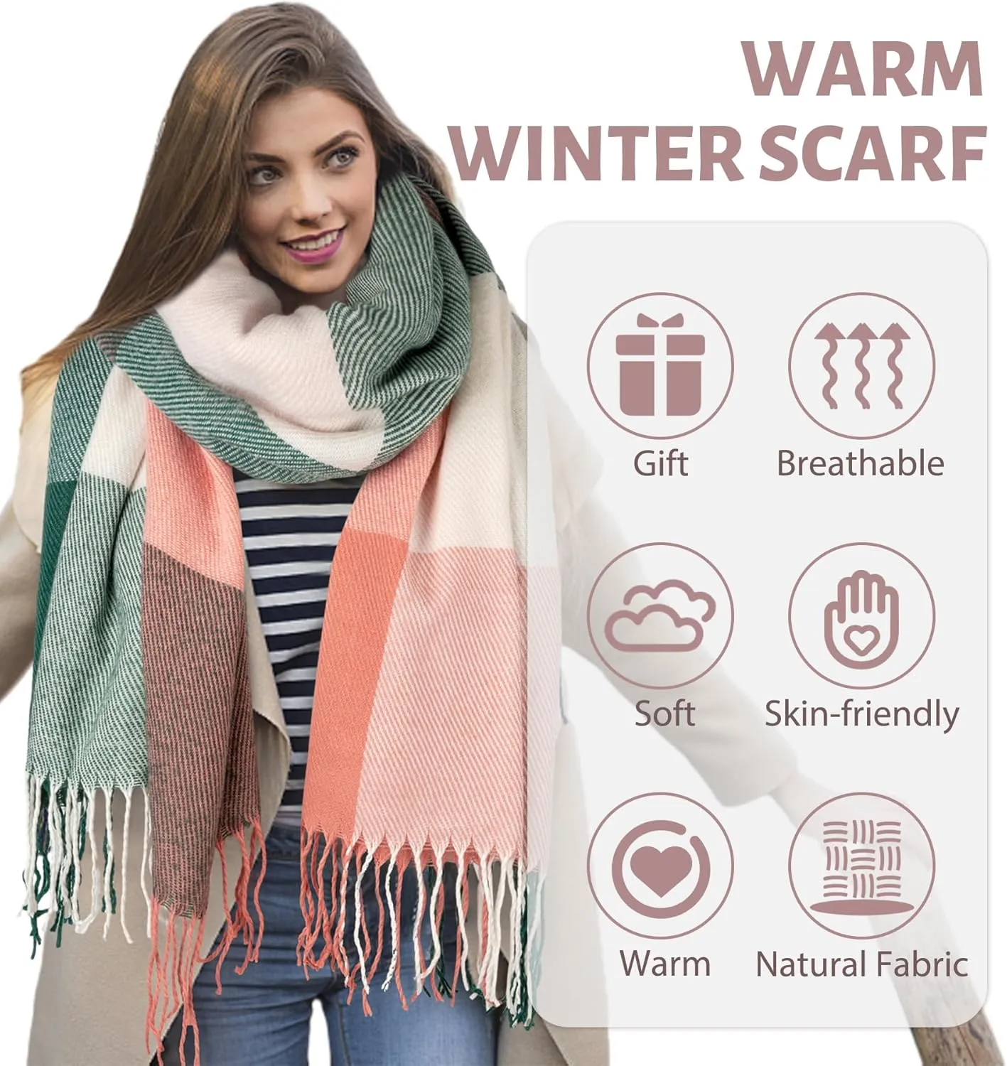 Women's Long Plaid Blanket Chunky Oversized Winter Fall Warm Scarf