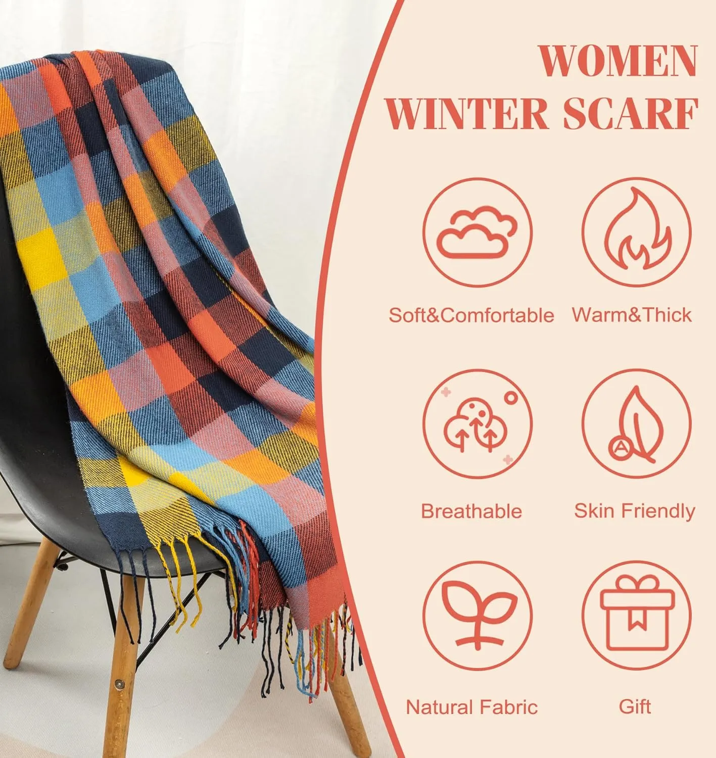 Women's Long Plaid Blanket Chunky Oversized Winter Fall Warm Scarf